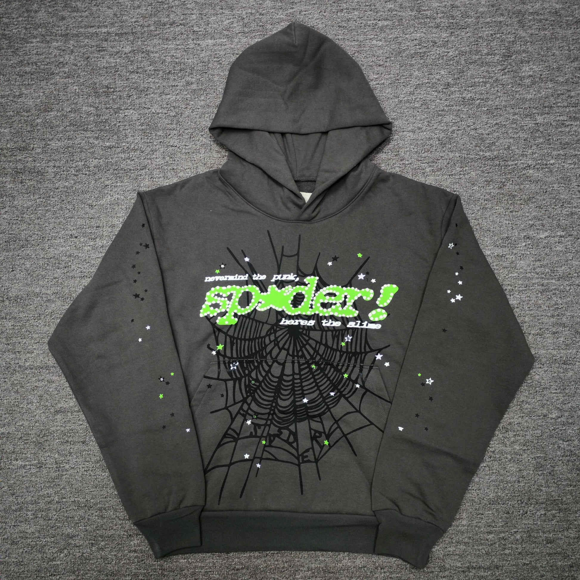 Sp5der Punk V2 Hoodie Slate Grey front view with neon-green lettering, black web and scattered stars