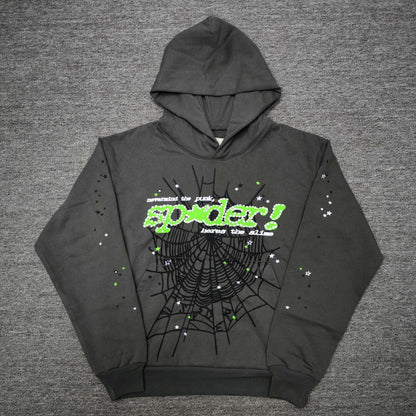 Sp5der Punk V2 Hoodie Slate Grey front view with neon-green lettering, black web and scattered stars