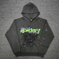 Sp5der Punk V2 Hoodie Slate Grey front view with neon-green lettering, black web and scattered stars