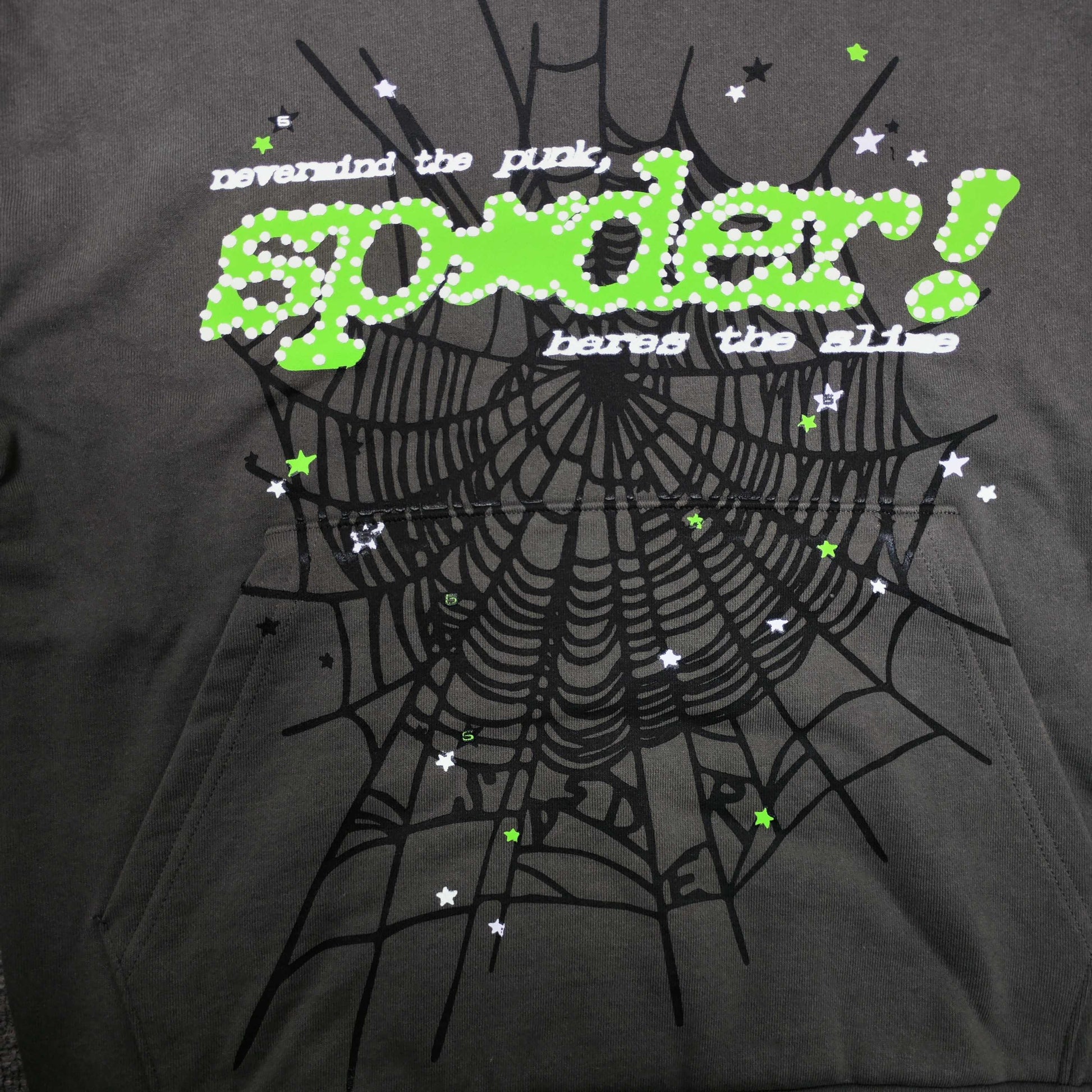 Full front artwork on Sp5der Punk V2 Hoodie Slate Grey with green puff logo and black spider web
Close-up of neon-green SP5DER puff-print lettering with white dot details on the Slate Grey Hoodie
Side angle showing the three-dimensional neon-green puff-print texture on Sp5der Punk V2 Hoodie
Close-up of black spider-web artwork on the front of Sp5der Punk V2 Hoodie Slate Grey