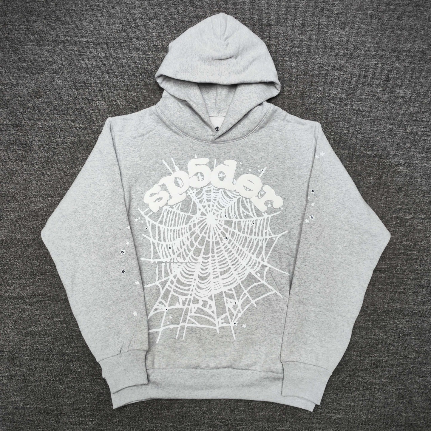 Wholesale Sp5der OG Web Hoodie Heather Grey with raised white lettering, full spider-web artwork, sleeve stars and individual packaging.
