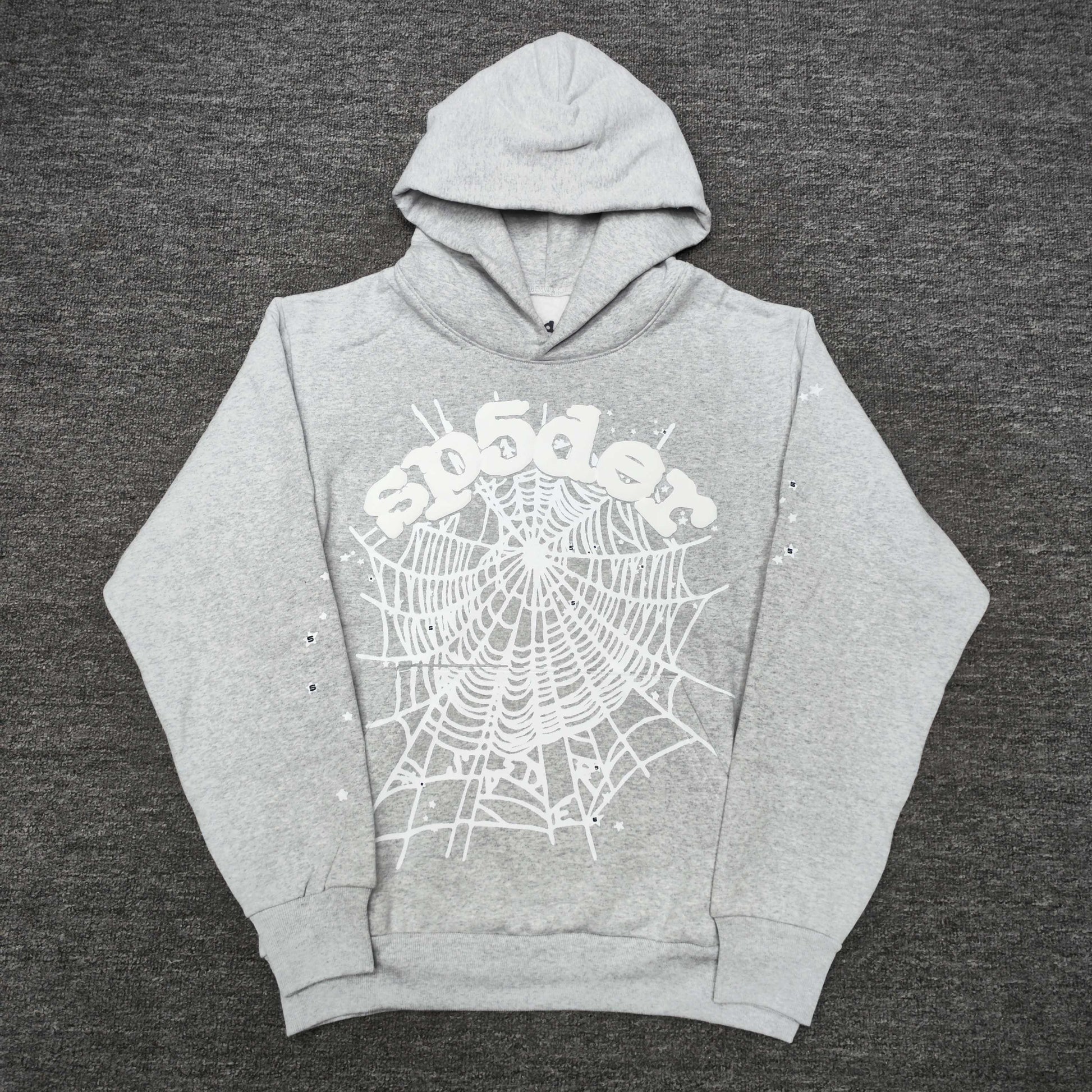 Wholesale Sp5der OG Web Hoodie Heather Grey with raised white lettering, full spider-web artwork, sleeve stars and individual packaging.