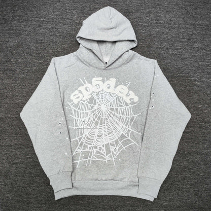 Wholesale Sp5der OG Web Hoodie Heather Grey with raised white lettering, full spider-web artwork, sleeve stars and individual packaging.