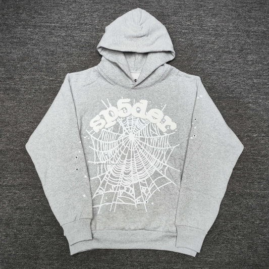 Wholesale Sp5der OG Web Hoodie Heather Grey with raised white lettering, full spider-web artwork, sleeve stars and individual packaging.