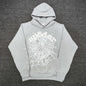 Wholesale Sp5der OG Web Hoodie Heather Grey with raised white lettering, full spider-web artwork, sleeve stars and individual packaging.
