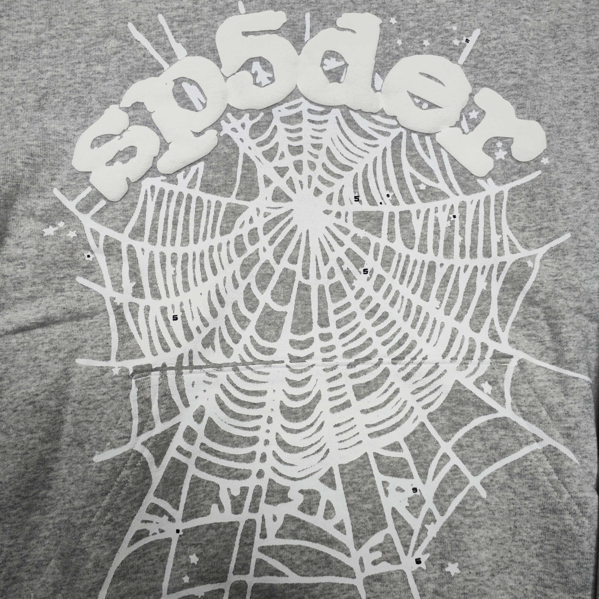 Full front artwork on Sp5der OG Web Hoodie Heather Grey with white puff logo and spider web
Full front artwork on Sp5der OG Web Hoodie Heather Grey with white puff logo and spider web
Side angle showing the three-dimensional white puff-print texture on Sp5der OG Web Hoodie
Close-up of white spider-web artwork on the front of Sp5der OG Web Hoodie Heather Grey