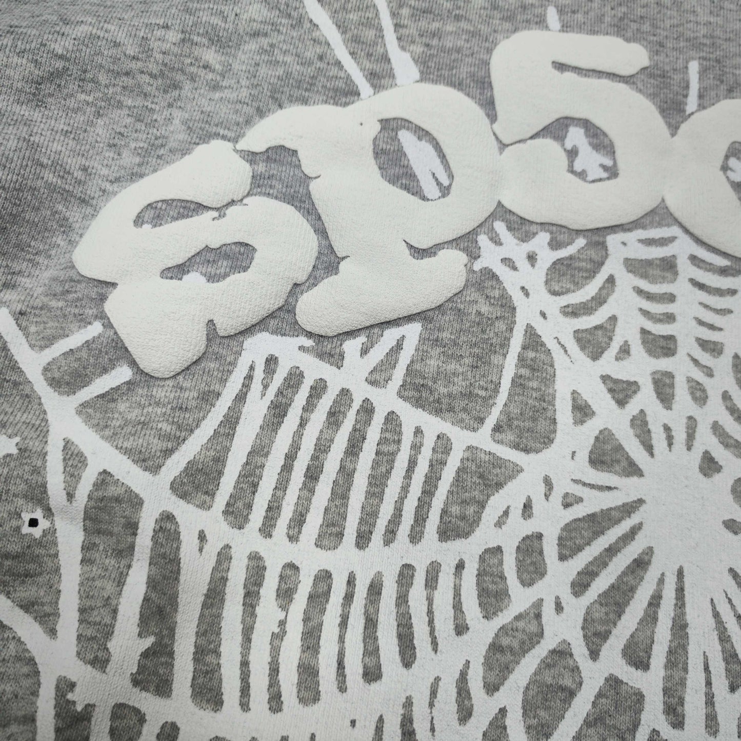 Full front artwork on Sp5der OG Web Hoodie Heather Grey with white puff logo and spider web
Full front artwork on Sp5der OG Web Hoodie Heather Grey with white puff logo and spider web
Side angle showing the three-dimensional white puff-print texture on Sp5der OG Web Hoodie
Close-up of white spider-web artwork on the front of Sp5der OG Web Hoodie Heather Grey