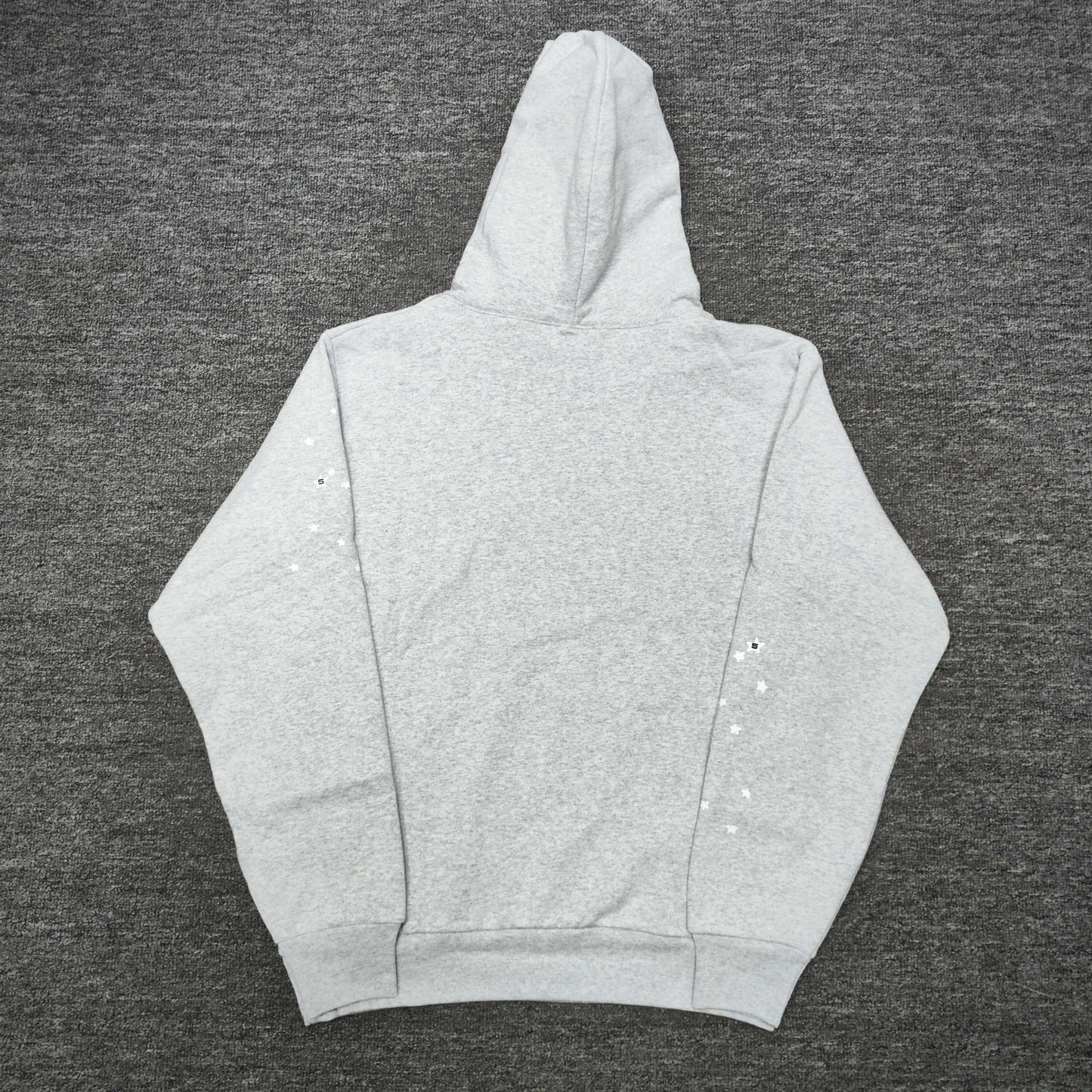 Sp5der OG Web Hoodie Heather Grey back view showing the hood, plain rear design and ribbed hem