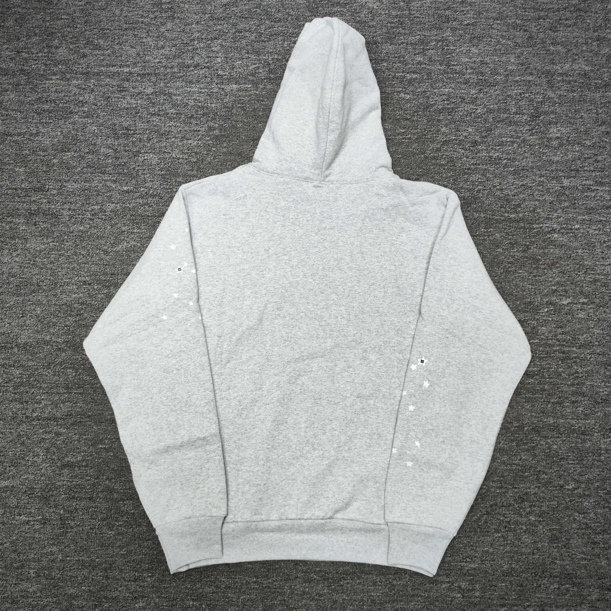 Sp5der OG Web Hoodie Heather Grey back view showing the hood, plain rear design and ribbed hem