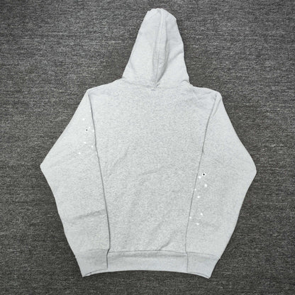 Sp5der OG Web Hoodie Heather Grey back view showing the hood, plain rear design and ribbed hem