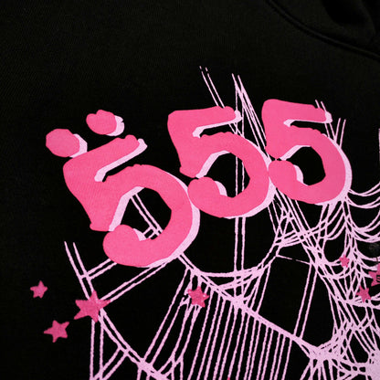 Full front artwork on Sp5der Angel Number Hoodie Black with pink 555 puff print and spider web
Close-up of raised pink 555 puff-print lettering on Sp5der Angel Number Hoodie Black
Side angle showing the three-dimensional pink puff-print texture on Sp5der Angel Number Hoodie
Close-up of pink OG spider-web artwork on Sp5der Angel Number Hoodie Black