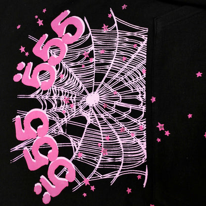 Full front artwork on Sp5der Angel Number Hoodie Black with pink 555 puff print and spider web
Close-up of raised pink 555 puff-print lettering on Sp5der Angel Number Hoodie Black
Side angle showing the three-dimensional pink puff-print texture on Sp5der Angel Number Hoodie
Close-up of pink OG spider-web artwork on Sp5der Angel Number Hoodie Black