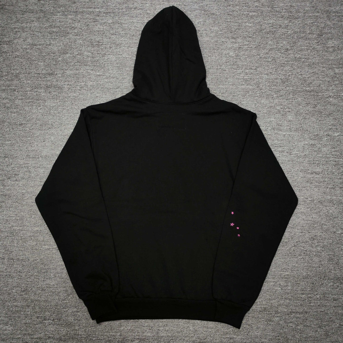 Sp5der Angel Number Hoodie Black back view showing the hood, pullover construction and ribbed hem