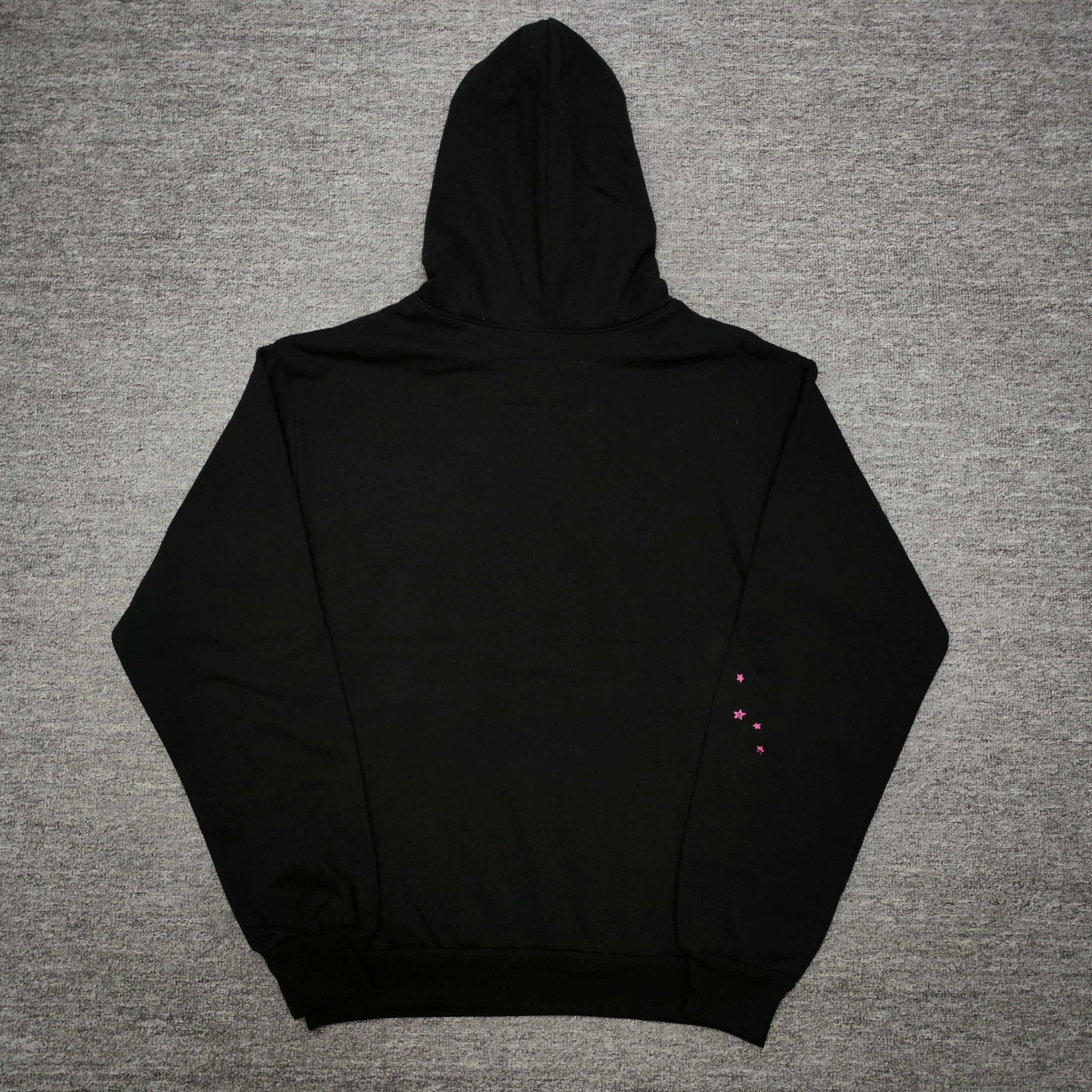 Sp5der Angel Number Hoodie Black back view showing the hood, pullover construction and ribbed hem