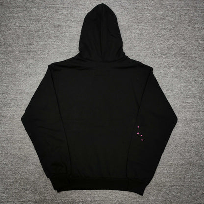 Sp5der Angel Number Hoodie Black back view showing the hood, pullover construction and ribbed hem