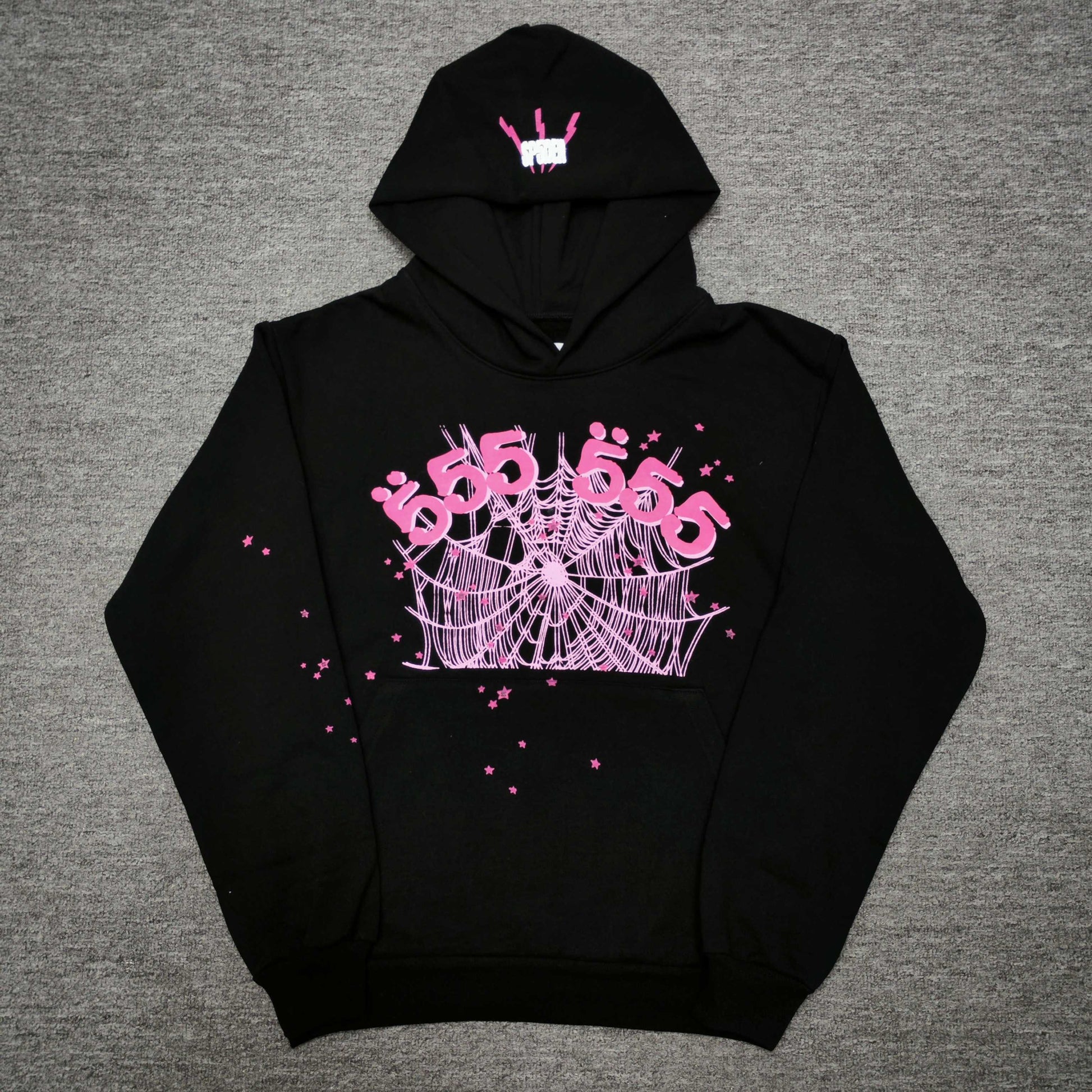 Sp5der Angel Number Hoodie Black front view with pink 555 graphics, spider web and scattered stars