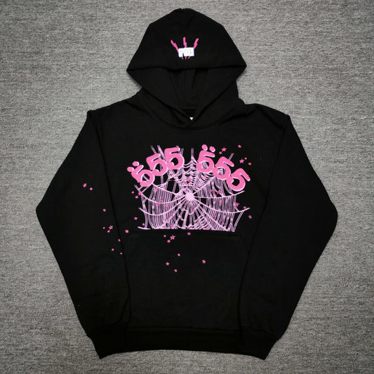 Sp5der Angel Number Hoodie Black front view with pink 555 graphics, spider web and scattered stars