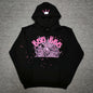 Sp5der Angel Number Hoodie Black front view with pink 555 graphics, spider web and scattered stars