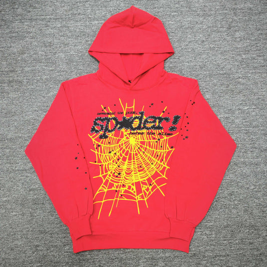 Sp5der P*NK V2 Hoodie Red front view with black lettering, yellow spider web and star graphics