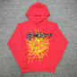 Sp5der P*NK V2 Hoodie Red front view with black lettering, yellow spider web and star graphics