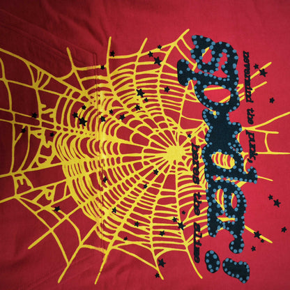 Full front artwork on Sp5der P*NK V2 Hoodie Red with black puff logo, yellow web and stars
Close-up of raised black SP5DER puff-print lettering with dotted details on the red hoodie
Side angle showing the three-dimensional black puff-print texture on Sp5der P*NK V2 Hoodie Red
Close-up of yellow spider-web artwork and black star details on Sp5der P*NK V2 Hoodie Red