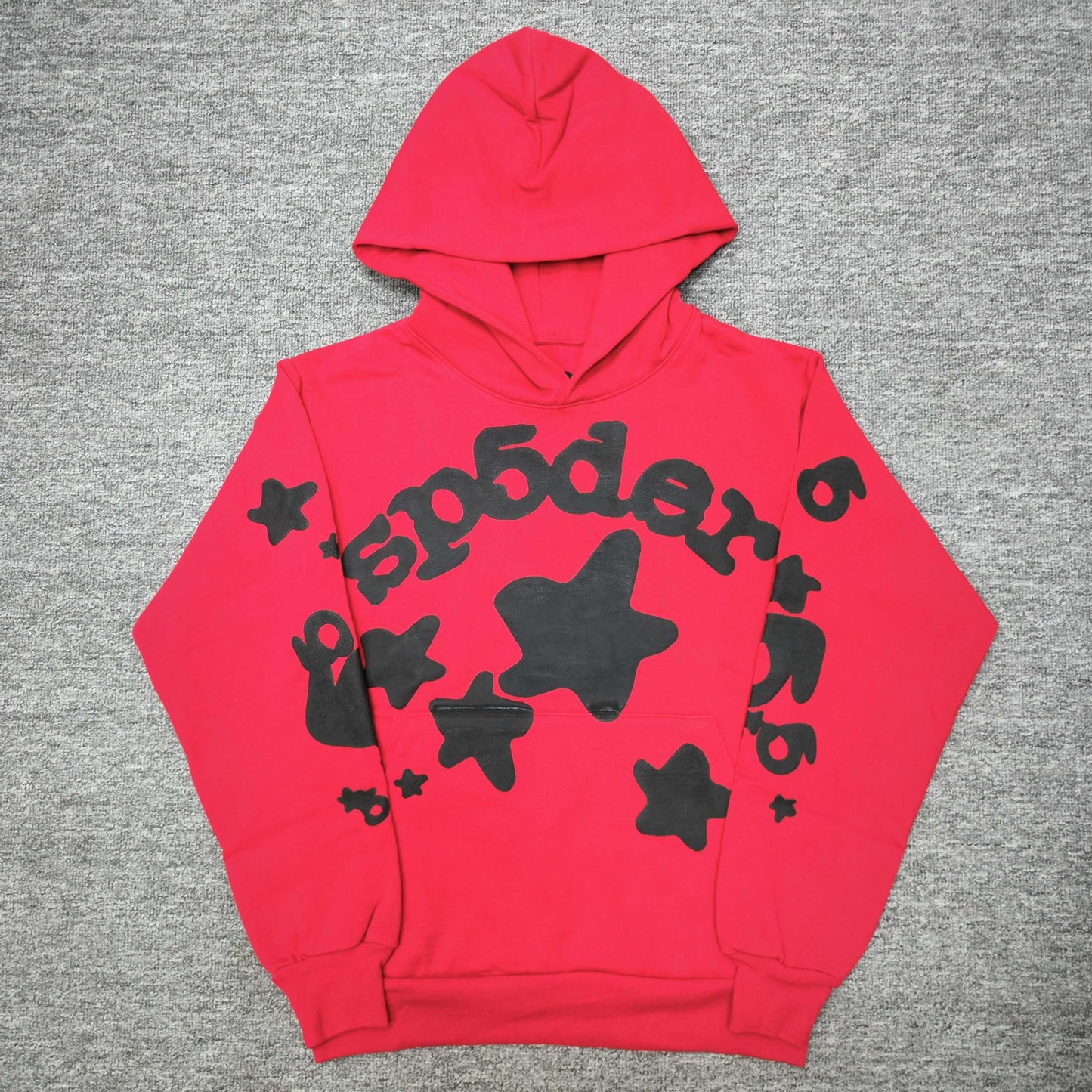 Sp5der Beluga Hoodie Red Black front view with raised black lettering and oversized star graphics