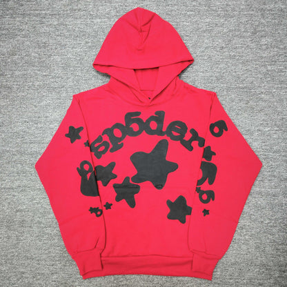 Sp5der Beluga Hoodie Red Black front view with raised black lettering and oversized star graphics