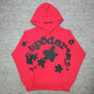 Sp5der Beluga Hoodie Red Black front view with raised black lettering and oversized star graphics