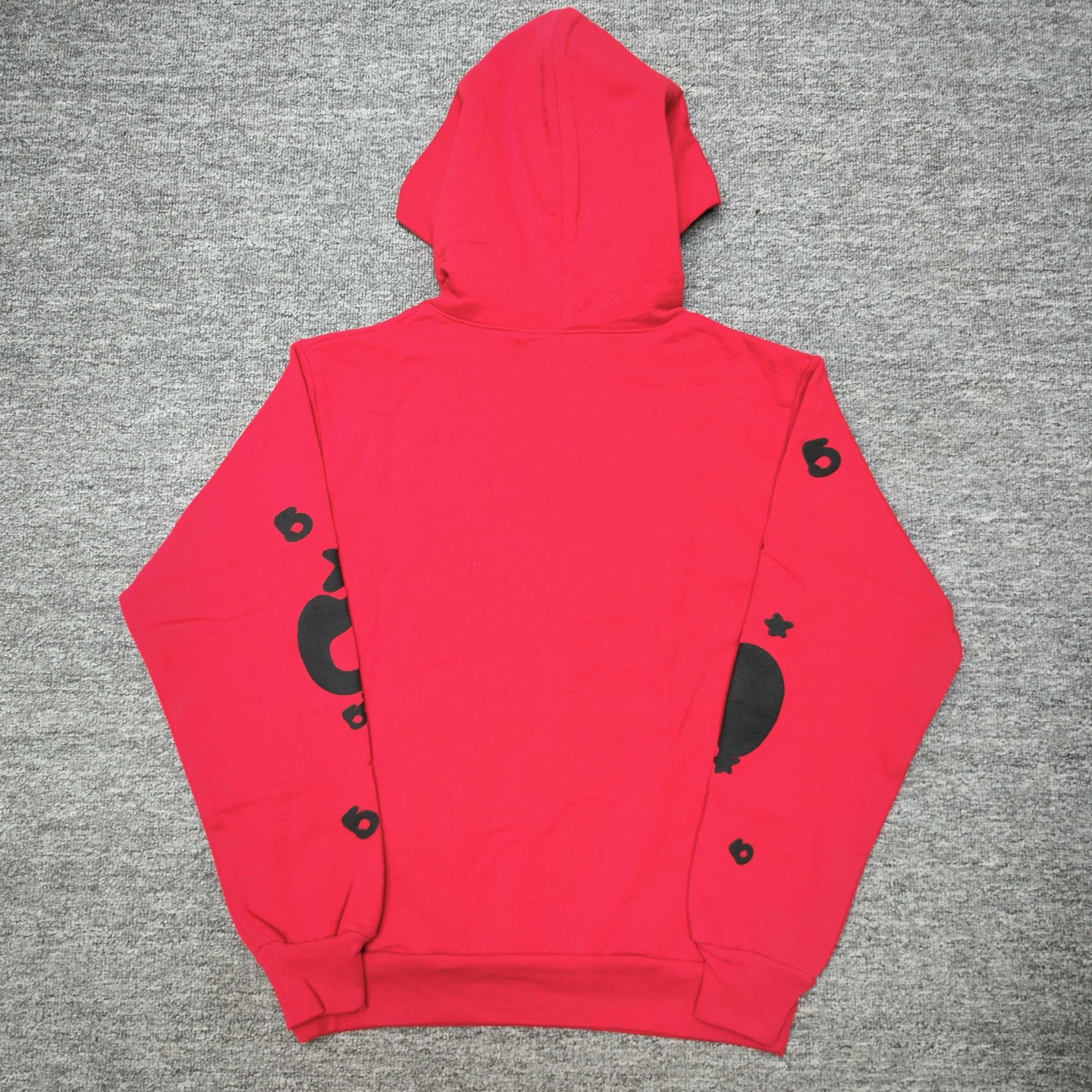 Sp5der Beluga Hoodie Red Black back view showing the hood, pullover construction and ribbed hem