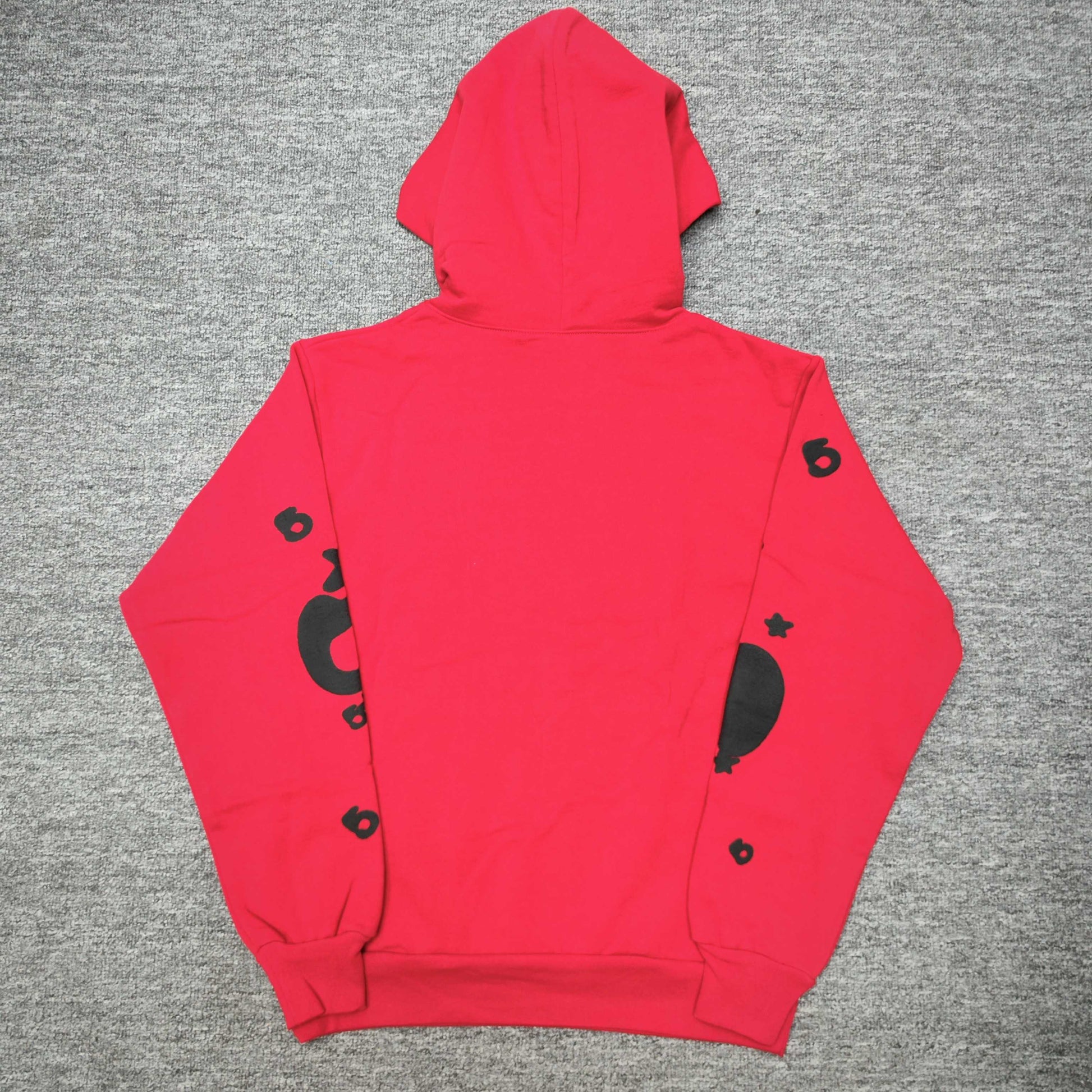 Sp5der Beluga Hoodie Red Black back view showing the hood, pullover construction and ribbed hem