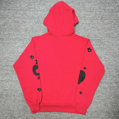 Sp5der Beluga Hoodie Red Black back view showing the hood, pullover construction and ribbed hem