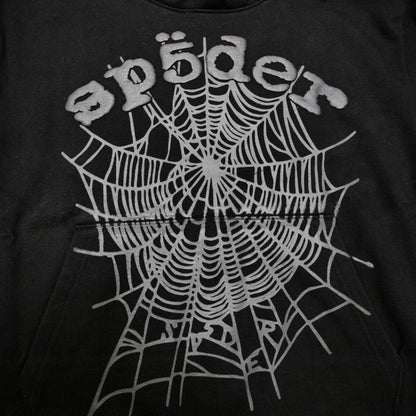 Full front artwork on Sp5der OG Web Hoodie Black with raised grey logo and tonal spider web
Close-up of raised dark-grey SP5DER lettering on the black OG Web Hoodie
Side angle showing the three-dimensional raised logo texture on Sp5der OG Web Hoodie Black
Close-up of tonal dark-grey spider-web artwork on Sp5der OG Web Hoodie Black
Close-up of tonal web graphic alignment around the kangaroo pocket on Sp5der black hoodie