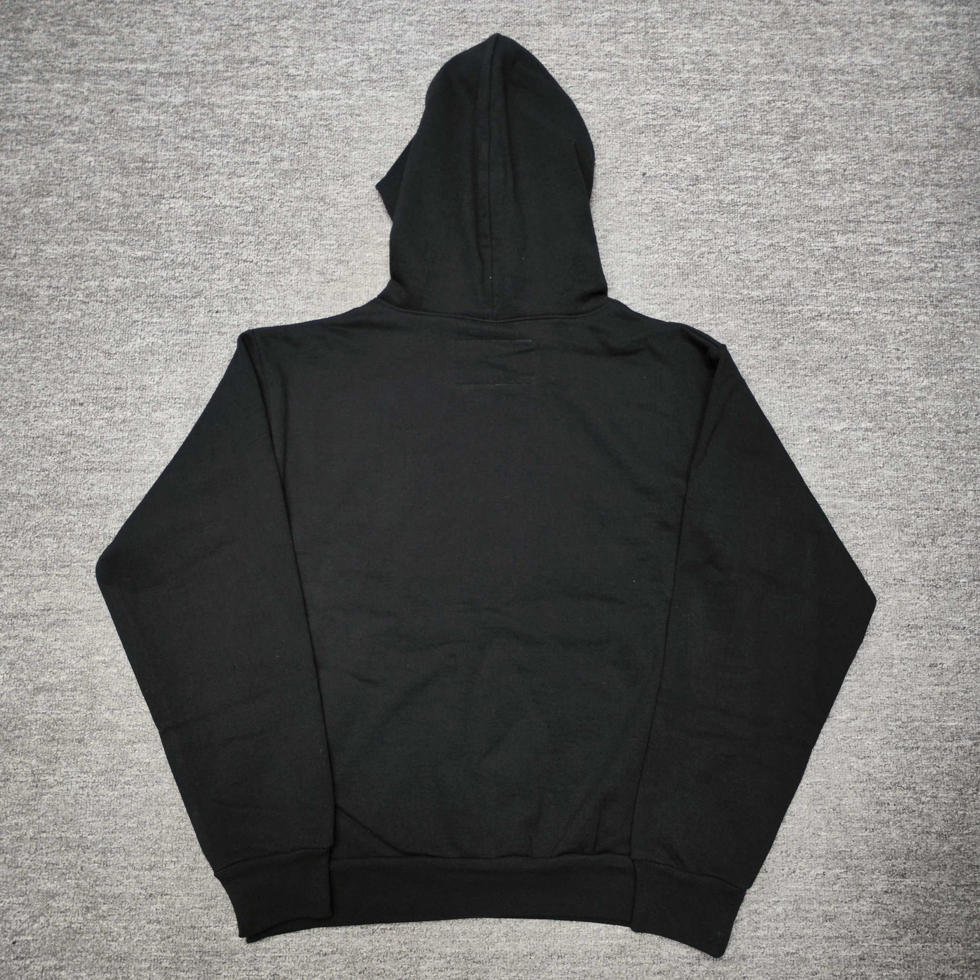 Sp5der OG Web Hoodie Black back view showing the hood, plain rear design and ribbed hem