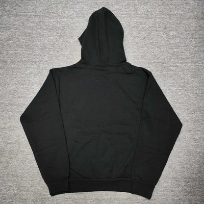 Sp5der OG Web Hoodie Black back view showing the hood, plain rear design and ribbed hem