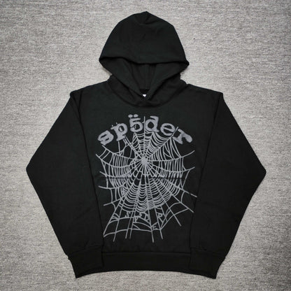 Sp5der OG Web Hoodie Black front view with raised dark-grey logo and tonal spider-web graphic