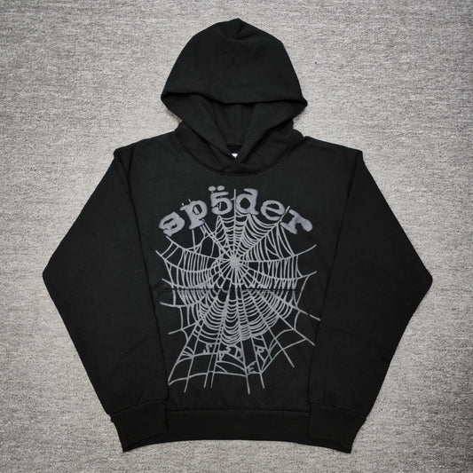 Sp5der OG Web Hoodie Black front view with raised dark-grey logo and tonal spider-web graphic