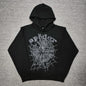 Sp5der OG Web Hoodie Black front view with raised dark-grey logo and tonal spider-web graphic