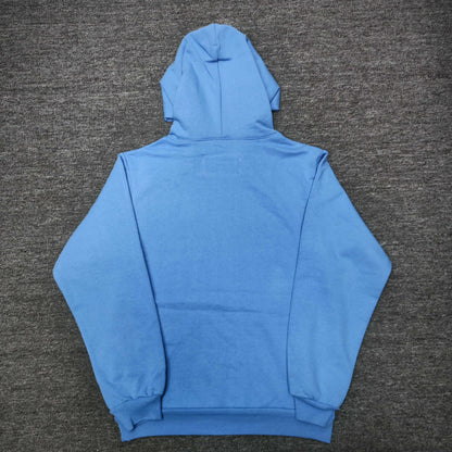 Sp5der OG Web V2 Hoodie Dusty Blue back view showing the hood, clean rear design and ribbed hem