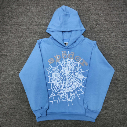 Sp5der OG Web V2 Hoodie Dusty Blue front view with raised grey logo and white spider web