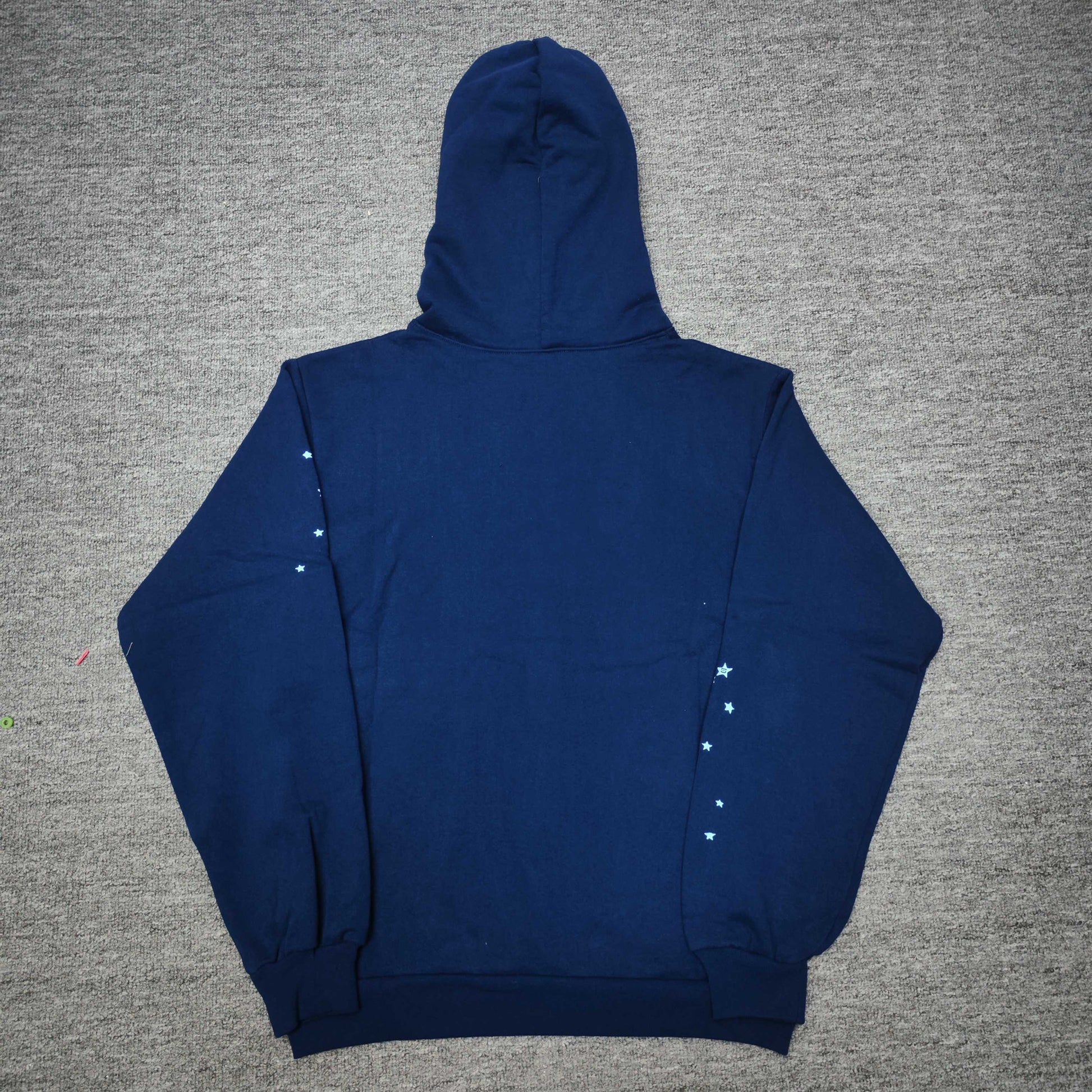 Sp5der OG Web Hoodie Navy back view with hood and star details across the sleeves
