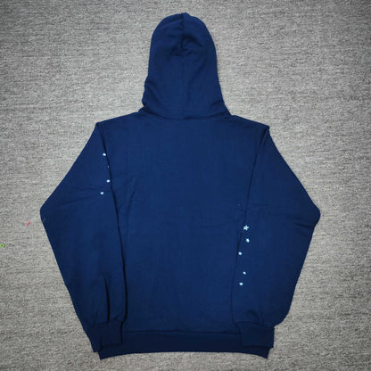 Sp5der OG Web Hoodie Navy back view with hood and star details across the sleeves