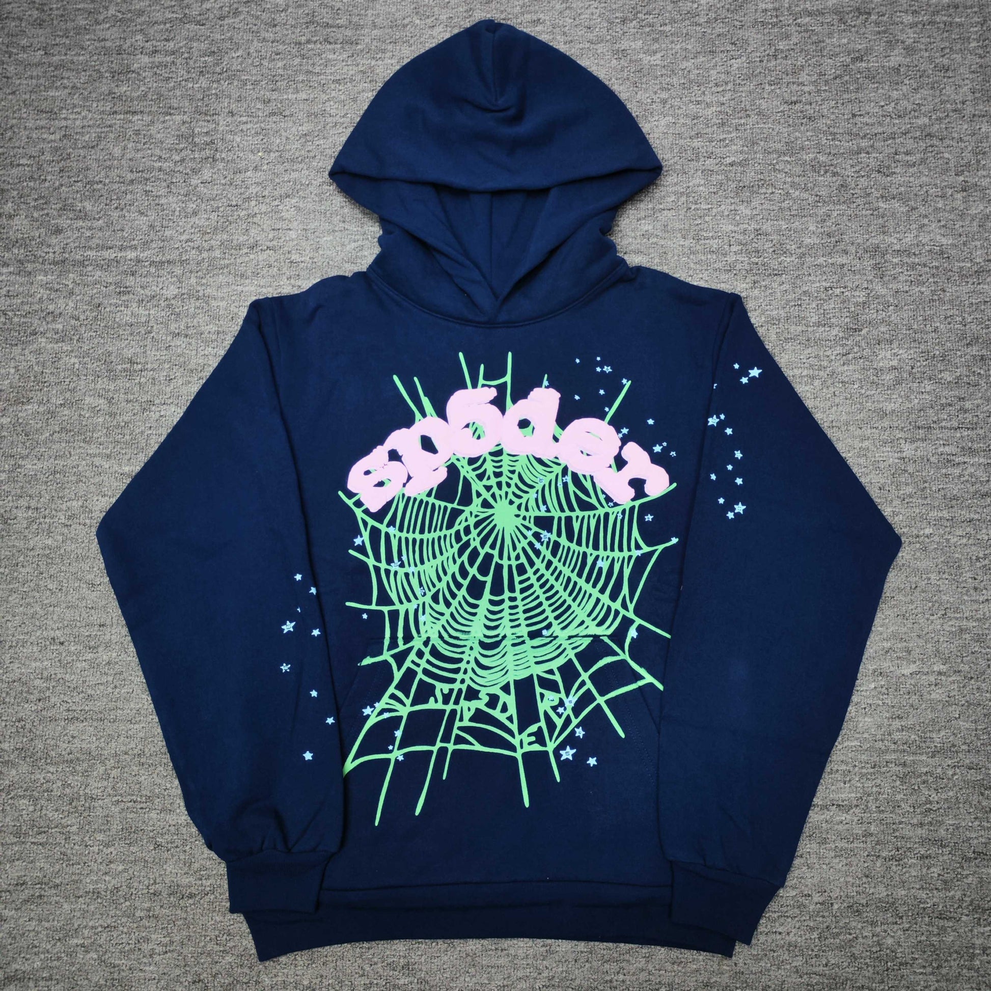 Sp5der OG Web Hoodie Navy front view with raised pink logo, mint-green spider web and blue stars