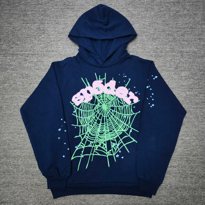 Sp5der OG Web Hoodie Navy front view with raised pink logo, mint-green spider web and blue stars