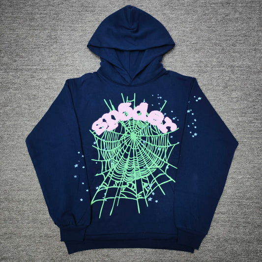 Sp5der OG Web Hoodie Navy front view with raised pink logo, mint-green spider web and blue stars