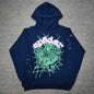 Sp5der OG Web Hoodie Navy front view with raised pink logo, mint-green spider web and blue stars