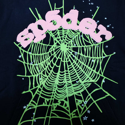 Full front artwork on Sp5der OG Web Hoodie Navy with pink puff logo, green web and stars
Close-up of raised pink SP5DER puff-print lettering on the Navy OG Web Hoodie
Side angle showing the three-dimensional pink puff-print texture on Sp5der OG Web Hoodie Navy
Close-up of mint-green spider-web artwork on Sp5der OG Web Hoodie Navy