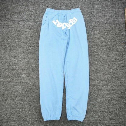 SP5DER Classic sky blue sweatpants front view with raised white logo