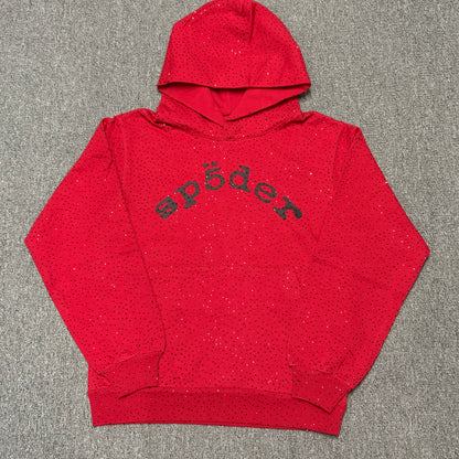Sp5der VVS Hoodie Red front view with all-over tonal rhinestones and black chest logo