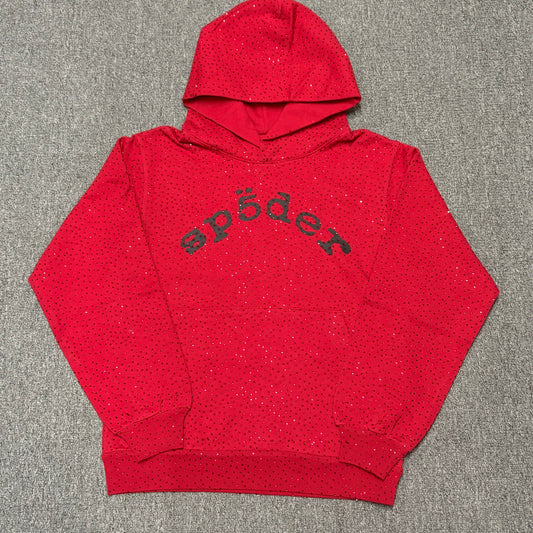 Sp5der VVS Hoodie Red front view with all-over tonal rhinestones and black chest logo