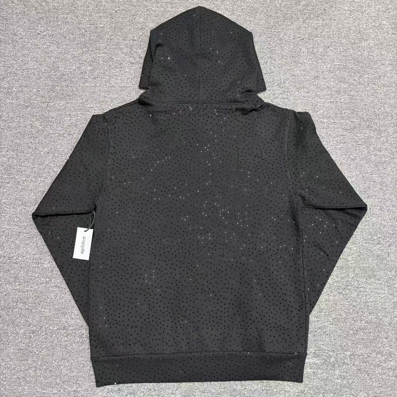 Sp5der VVS Hoodie Black back view with all-over black rhinestone detailing